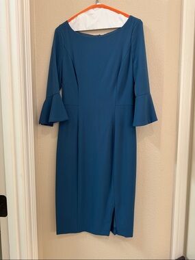 White House Black Market Teal Blue Midi Sheath Dress with Bell Sleeves